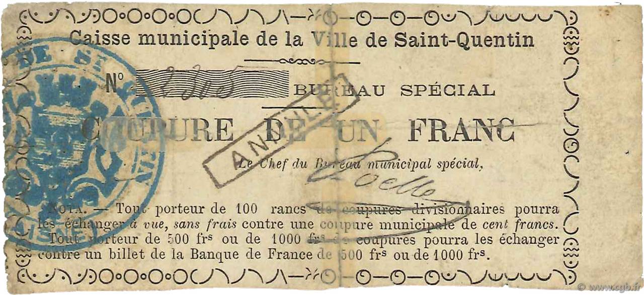 1 Franc Annulé FRANCE regionalism and various Saint-Quentin 1870 JER.02.18b G
