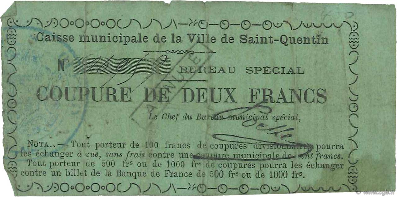 2 Francs Annulé FRANCE regionalism and various Saint-Quentin 1870 JER.02.18c F