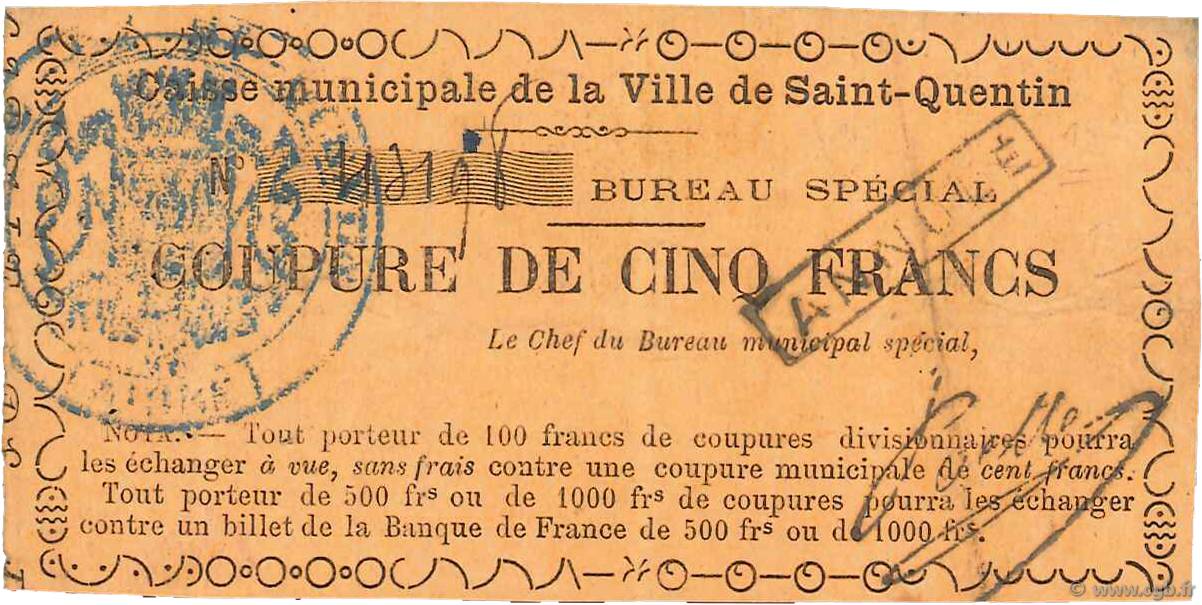 5 Francs Annulé FRANCE regionalism and various Saint-Quentin 1870 JER.02.18d VF