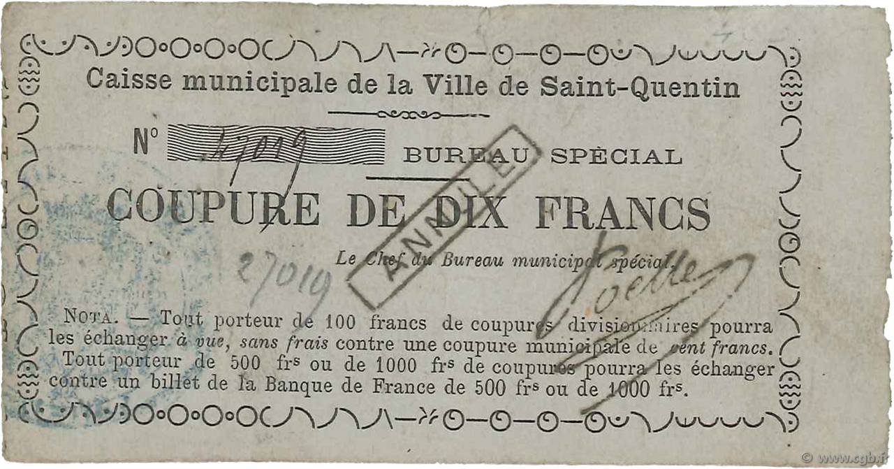 10 Francs Annulé FRANCE régionalisme et divers Saint-Quentin 1870 JER.02.18e TB