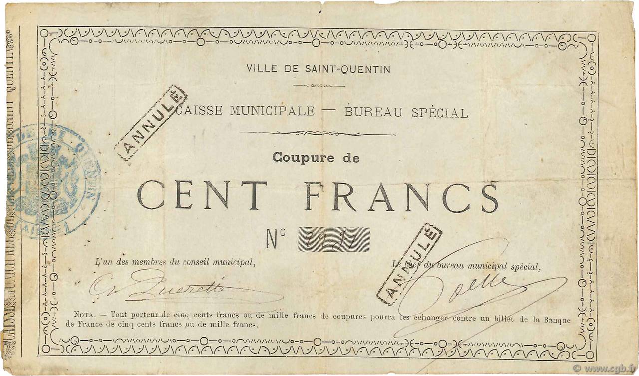 100 Francs Annulé FRANCE régionalisme et divers Saint-Quentin 1870 JER.02.18f pr.TB
