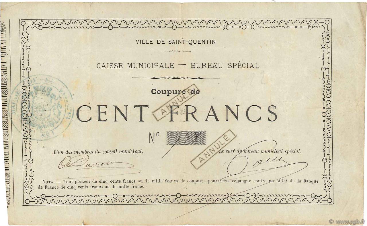 100 Francs Annulé FRANCE régionalisme et divers Saint-Quentin 1870 JER.02.18f TB+