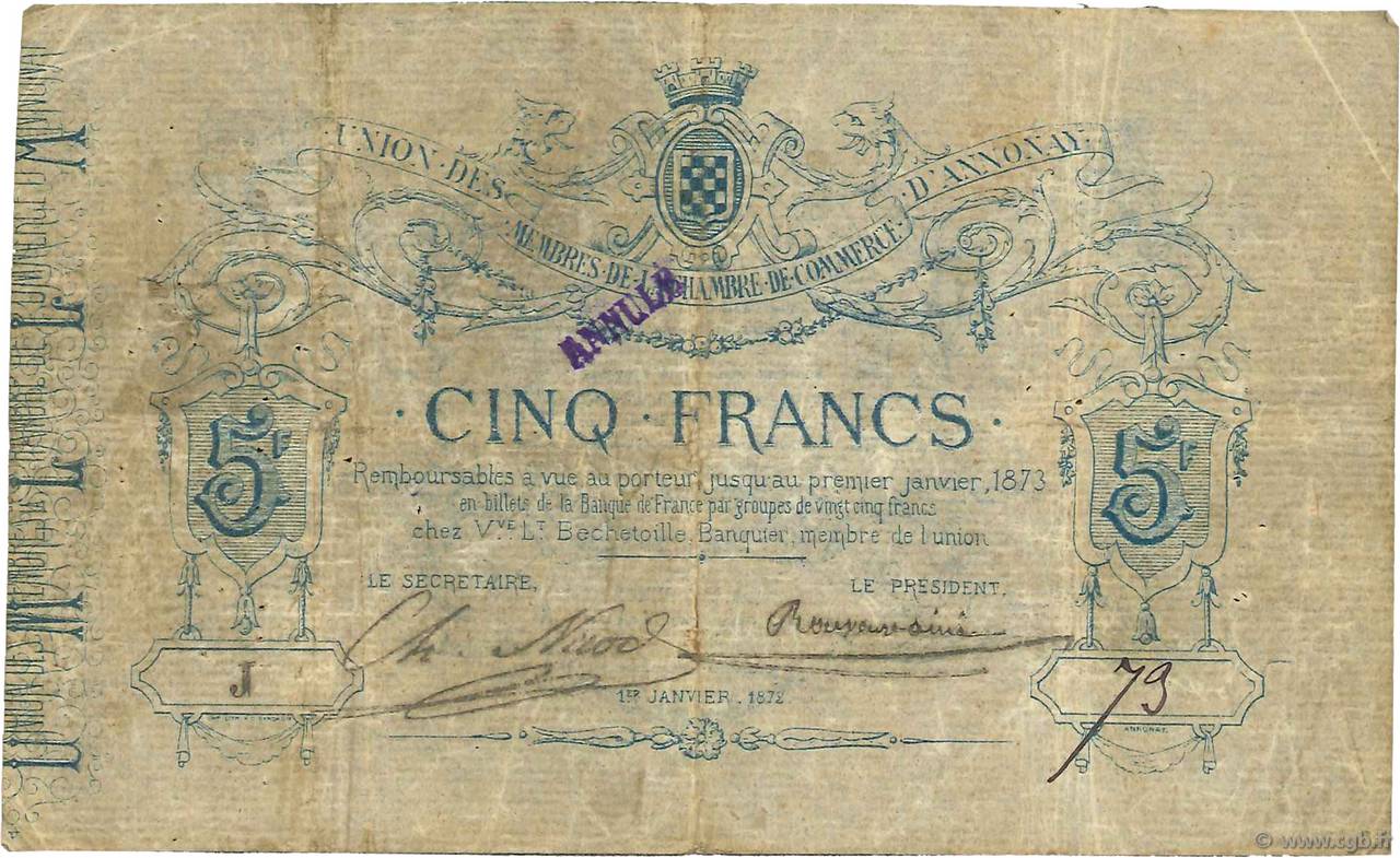 5 Francs Annulé FRANCE regionalismo e varie Annonay 1872 JER.07.01a MB