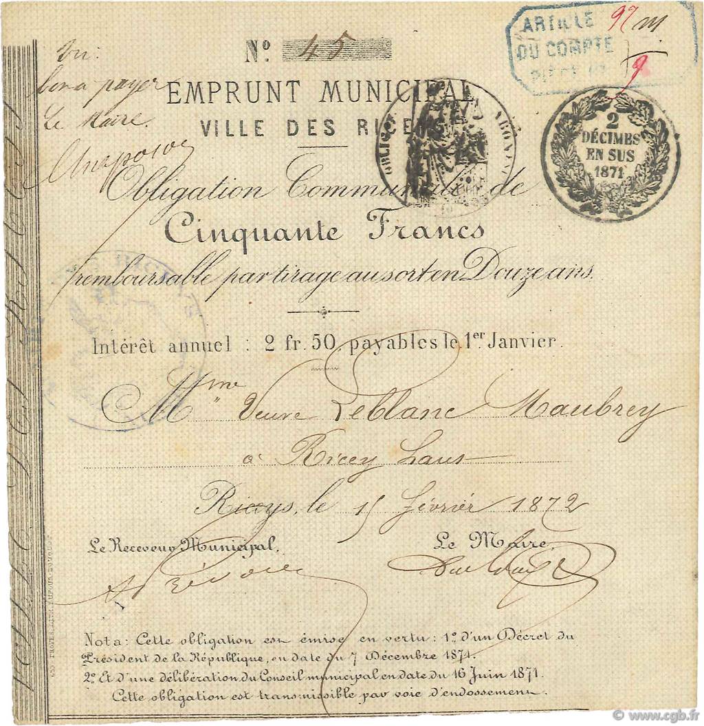 50 Francs FRANCE regionalismo e varie Les Riceys 1872 JER.10.08b BB