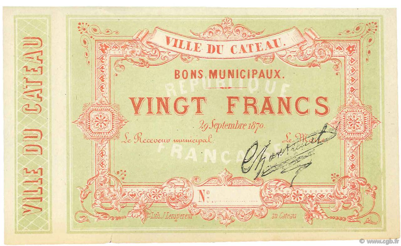 20 Francs Non émis FRANCE Regionalismus und verschiedenen Le Cateau 1870 JER.59.20e VZ