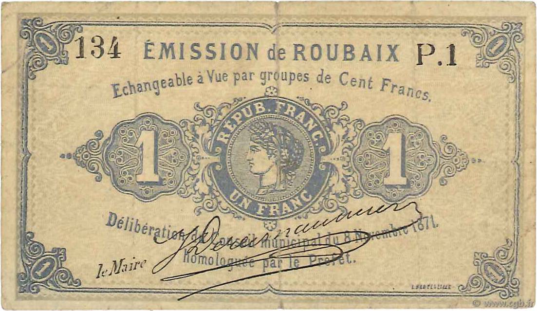 1 Franc FRANCE regionalism and miscellaneous Roubaix 1870 JER.59.55b F+