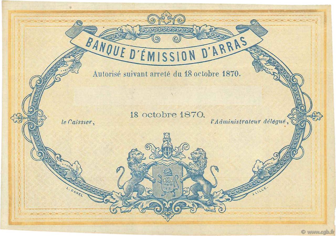 5 Francs Non émis FRANCE regionalismo y varios Arras 1870 JER.62.02b SC