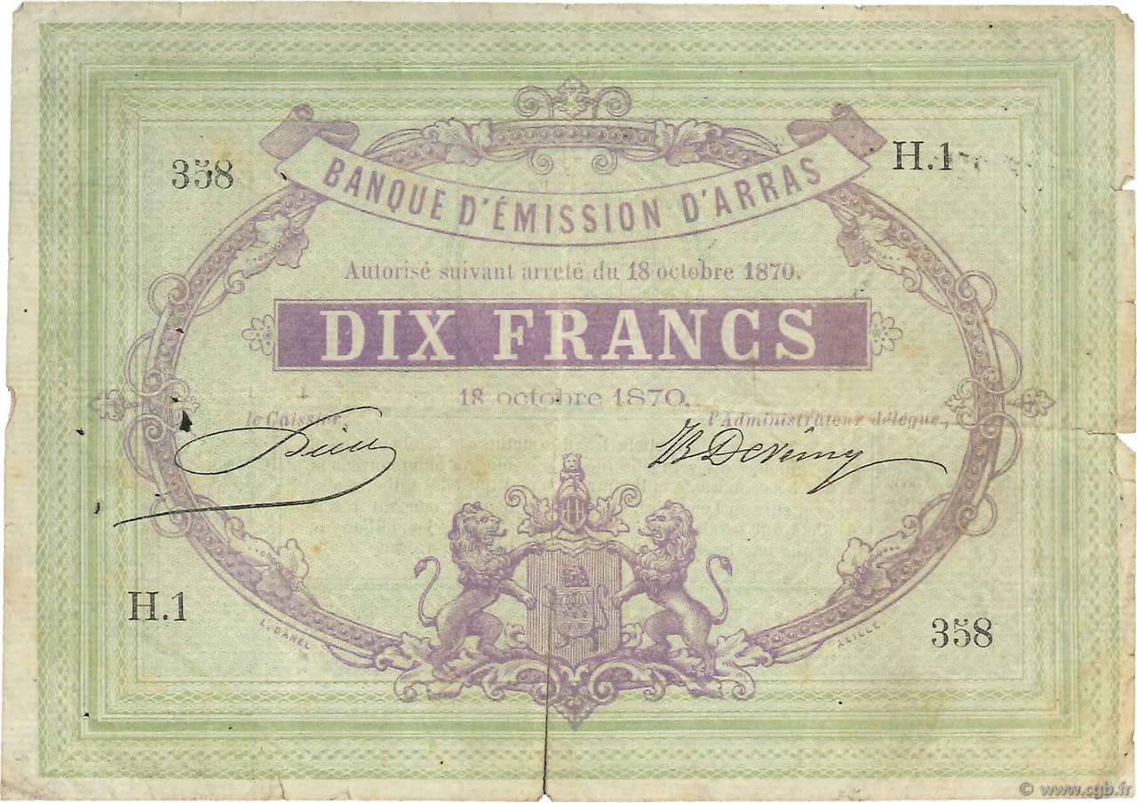 10 Francs FRANCE regionalismo y varios Arras 1870 JER.62.02c BC