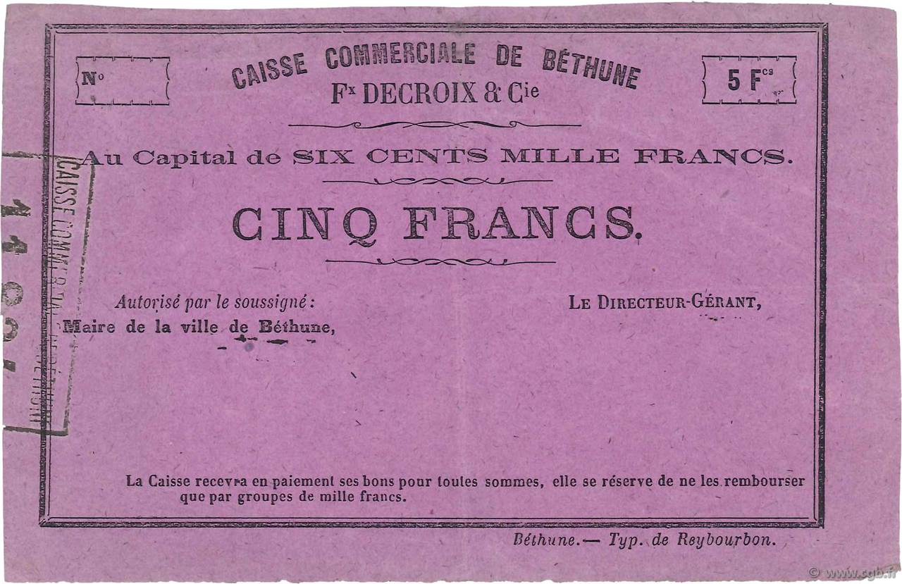 5 Francs Non émis FRANCE regionalism and miscellaneous Béthune 1870 JER.62.03a VF+