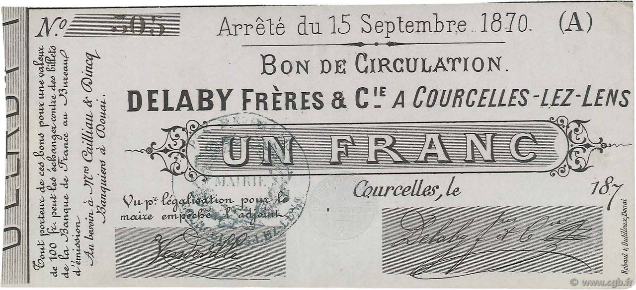 1 Franc FRANCE régionalisme et divers Courcelles-Lez-Lens 1870 JER.62.13b SUP+