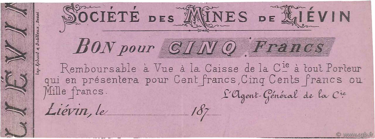 5 Francs Non émis FRANCE régionalisme et divers Liévin 1870 JER.62.18b SUP