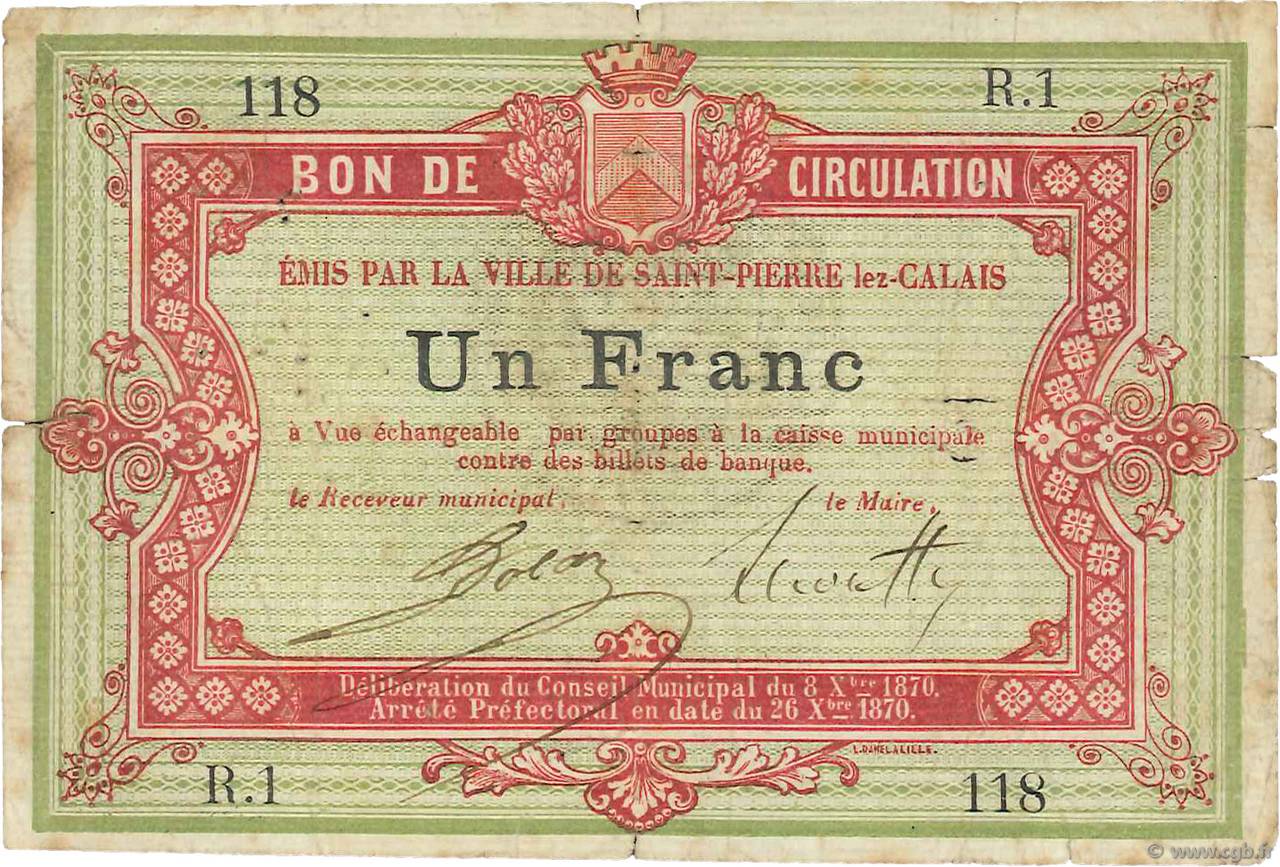 1 Franc FRANCE regionalism and miscellaneous Saint-Pierre-Lez-Calais 1870 JER.62.26a VG