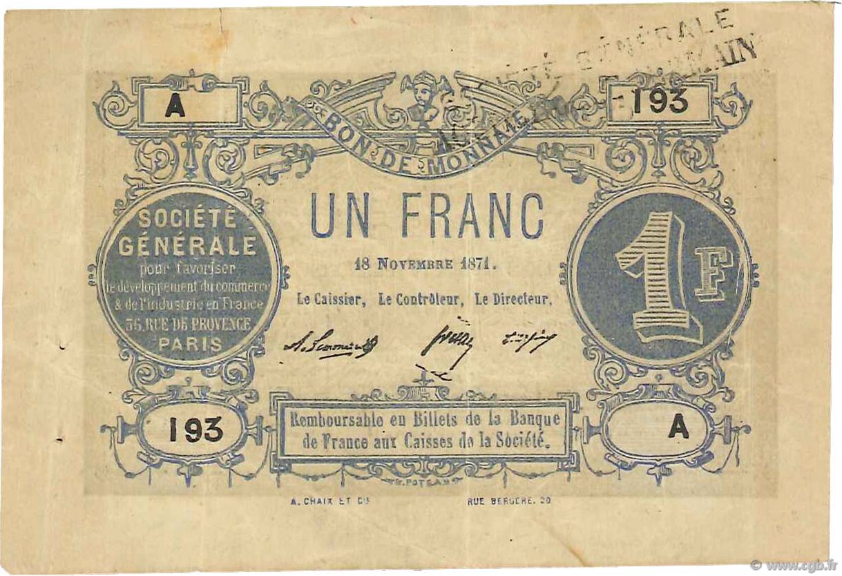 1 Franc FRANCE regionalism and miscellaneous Paris 1871 JER.75.02 VF