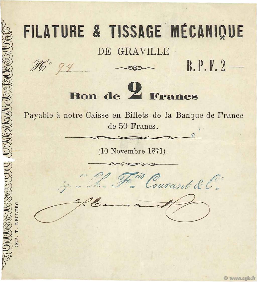2 Francs FRANCE regionalism and miscellaneous Graville 1871 JER.76.14a VF+