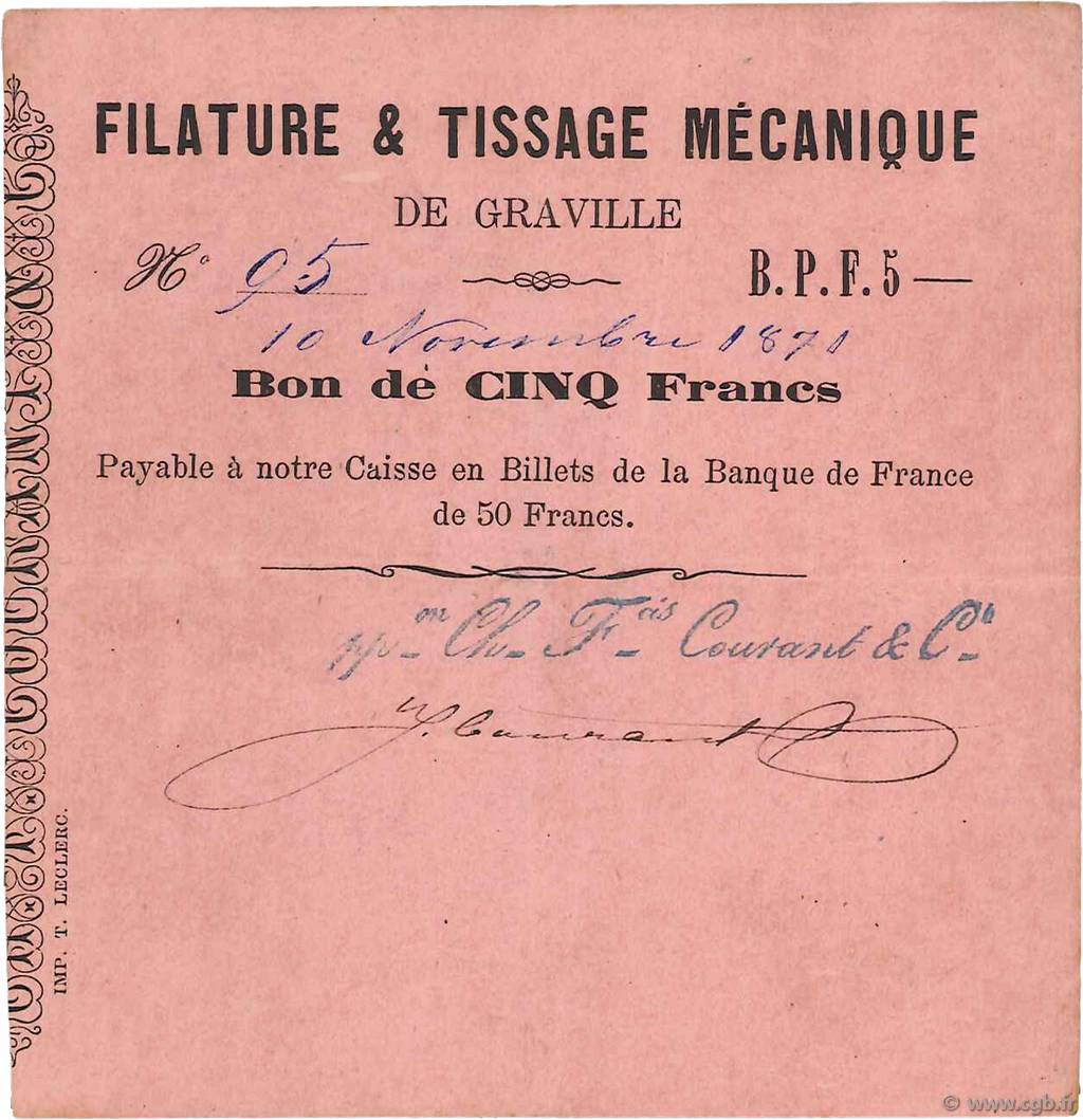 5 Francs FRANCE regionalism and various Graville 1871 JER.76.14b VF+