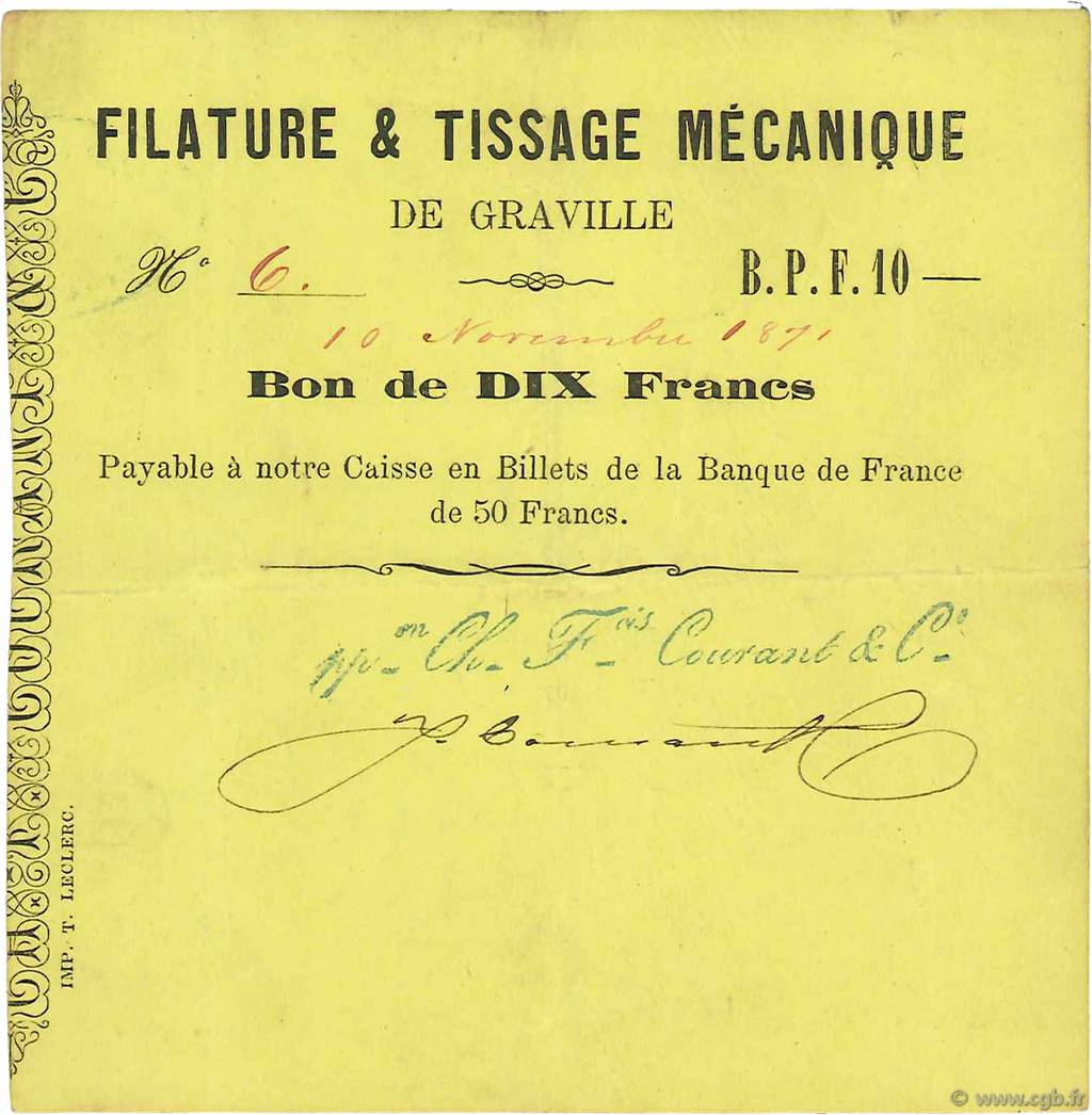 10 Francs FRANCE regionalism and various Graville 1871 JER.76.14c VF+