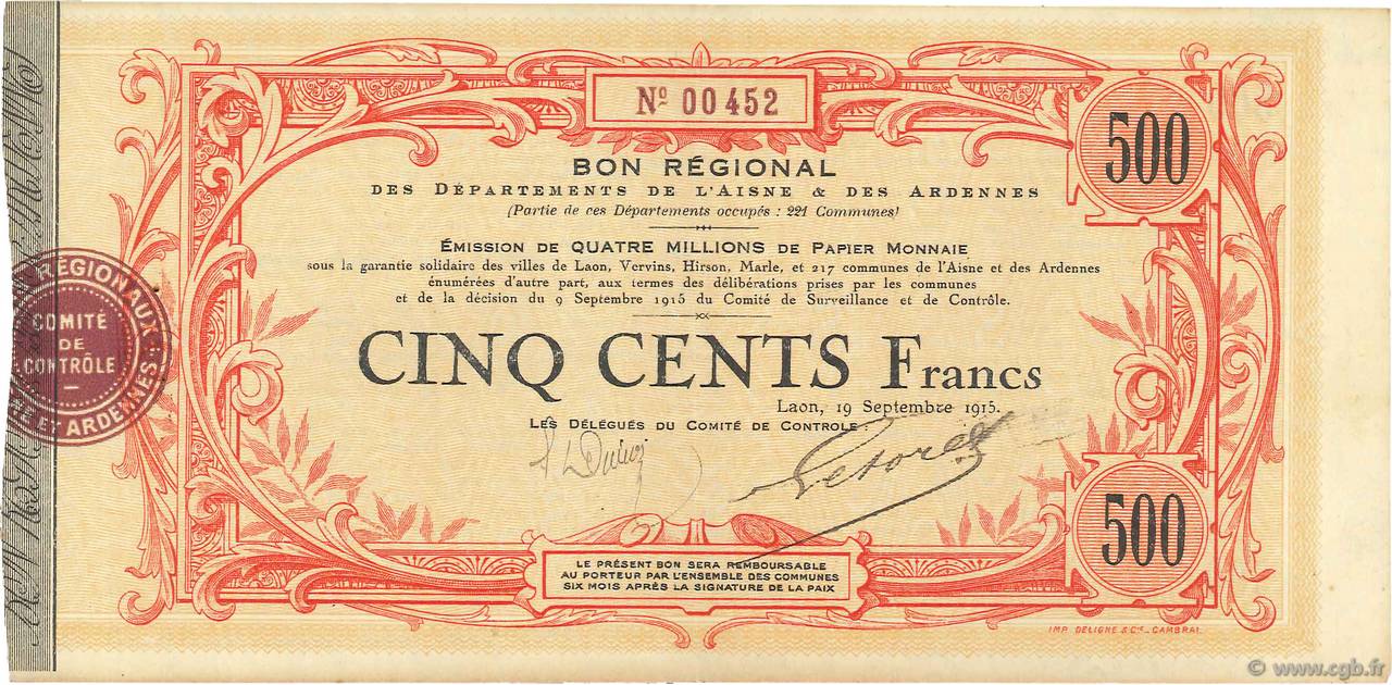 500 Francs FRANCE regionalismo e varie  1915 JPNEC.02.1306 SPL