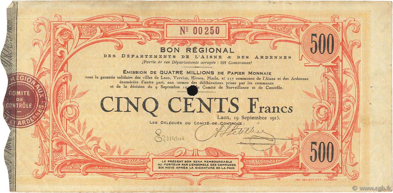 500 Francs FRANCE regionalismo y varios  1915 JPNEC.02.1306 MBC