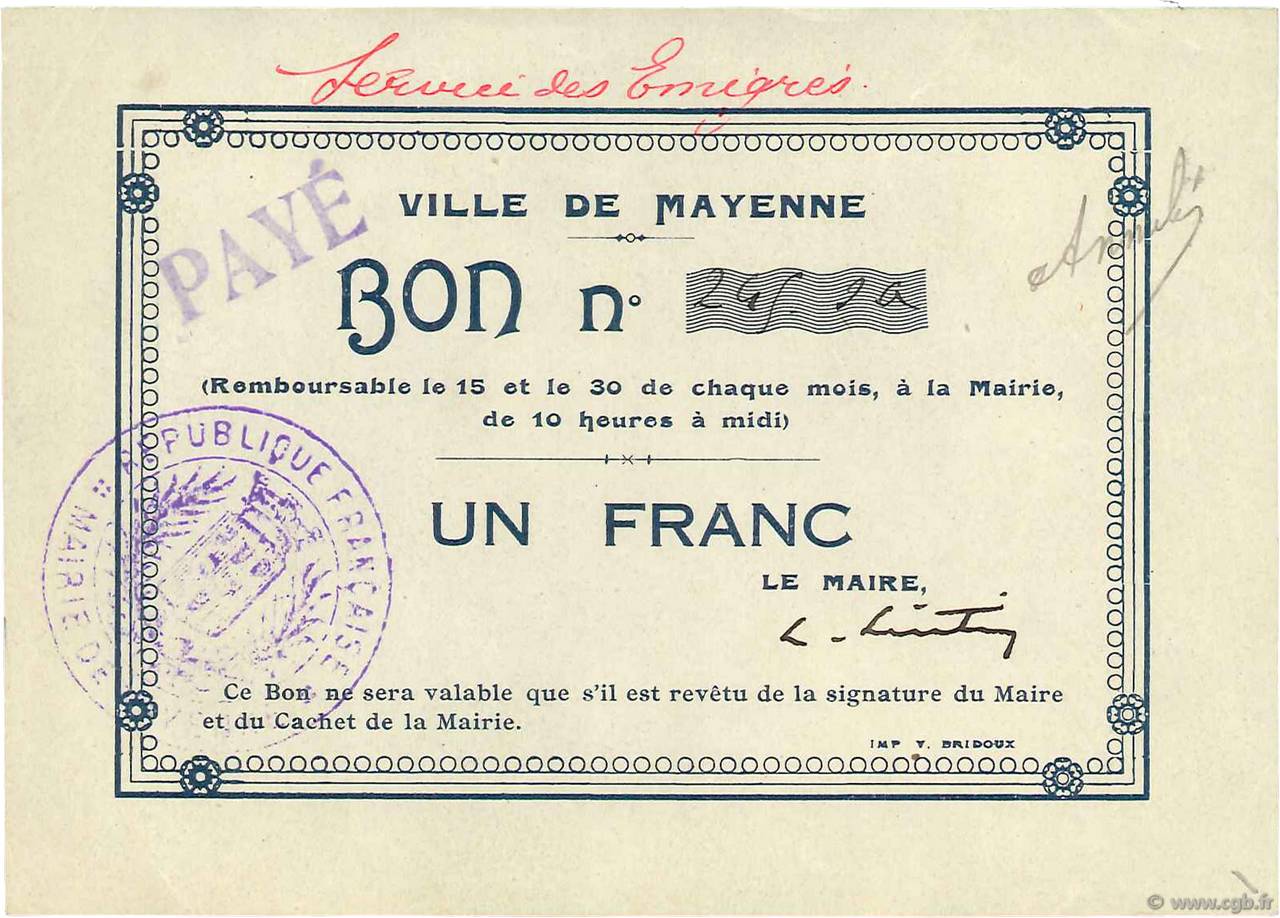 1 Franc Annulé FRANCE regionalismo e varie  1914 JPNEC.53.03 SPL