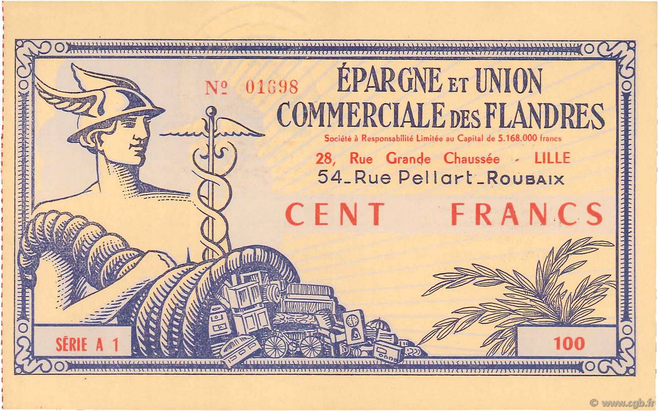100 Francs FRANCE Regionalismus und verschiedenen Lille 1955  fST