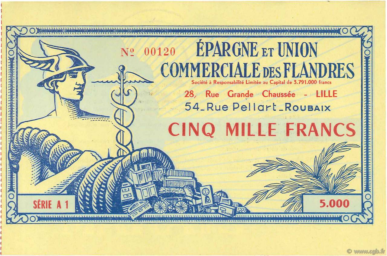 5000 Francs FRANCE regionalism and various Lille 1955  UNC-
