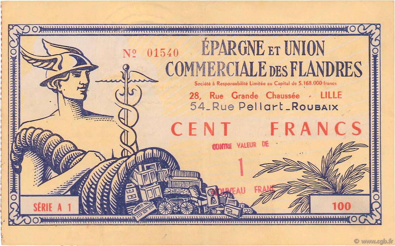 1 NF sur 100 Francs FRANCE regionalism and miscellaneous Lille 1959  VF+