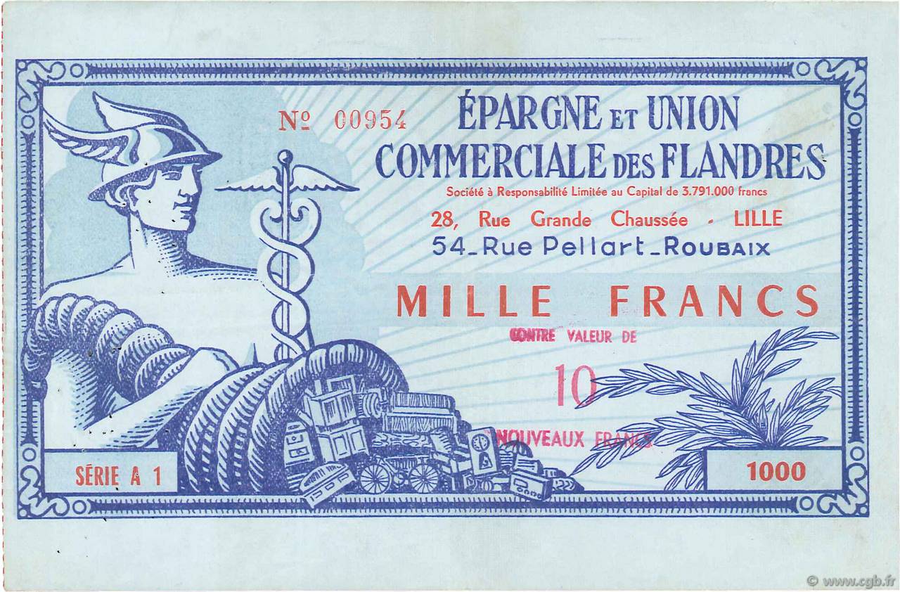 10 NF sur 1000 Francs FRANCE regionalismo e varie Lille 1959  BB