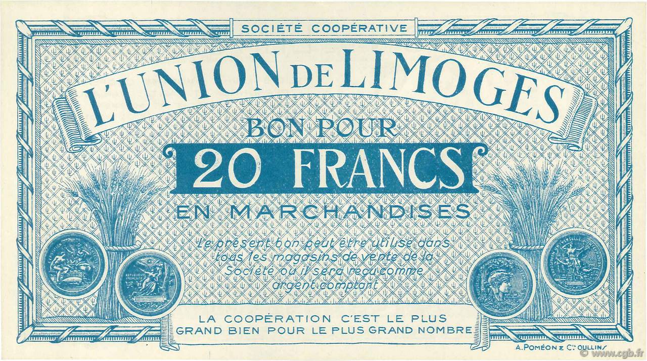 20 Francs FRANCE regionalism and miscellaneous Limoges 1920  UNC-
