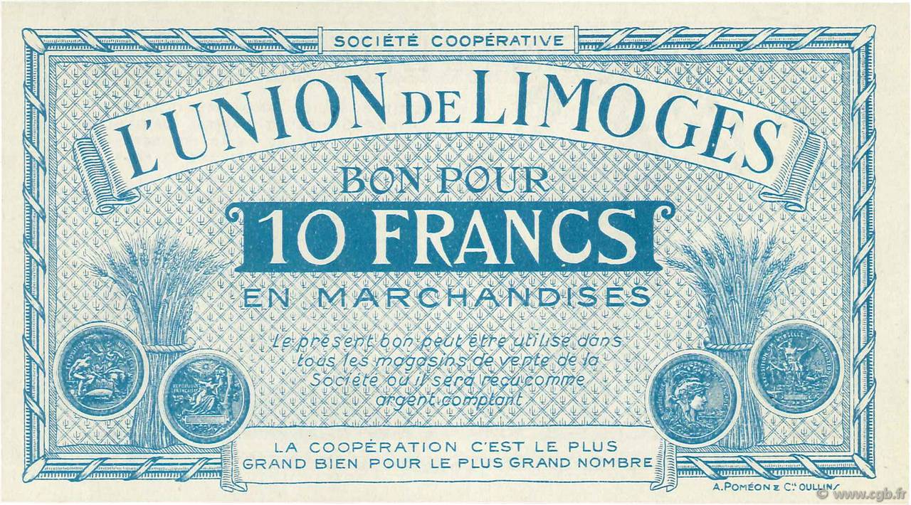 10 Francs FRANCE regionalism and various Limoges 1920  UNC