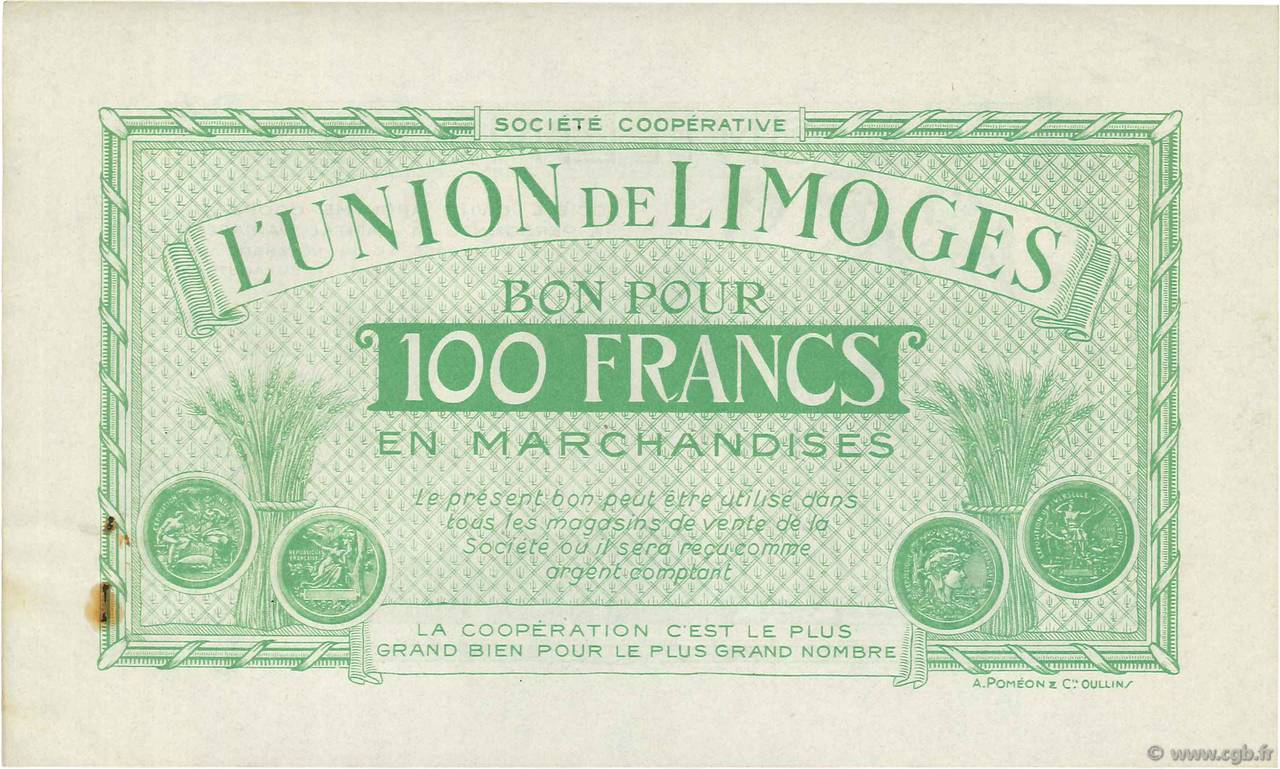 100 Francs FRANCE Regionalismus und verschiedenen Limoges 1920  VZ