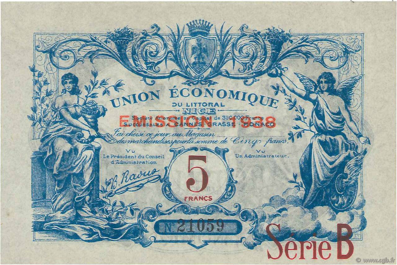 5 Francs FRANCE Regionalismus und verschiedenen Nice 1938  ST