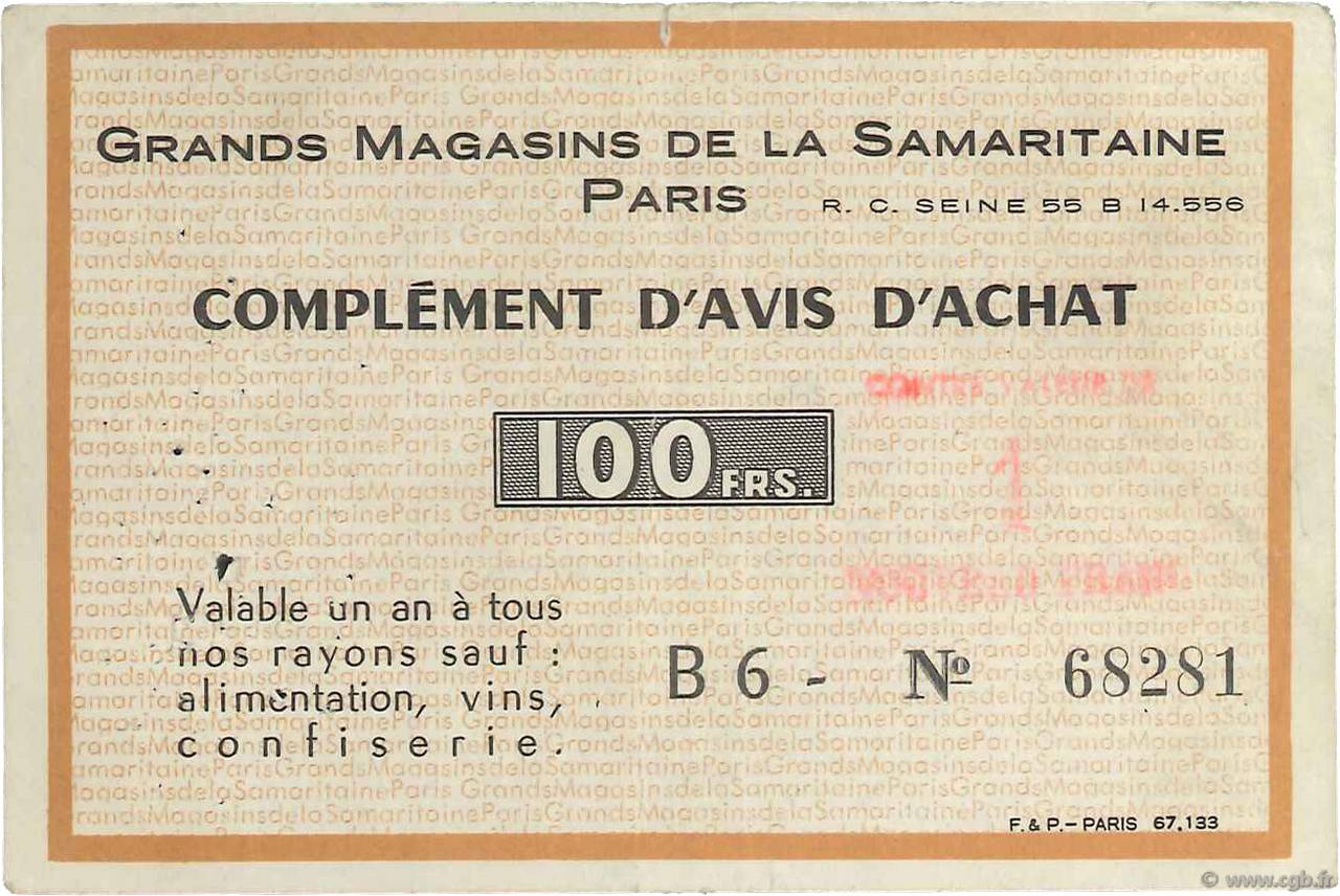 1 NF sur 100 Francs FRANCE régionalisme et divers Paris 1960  TTB