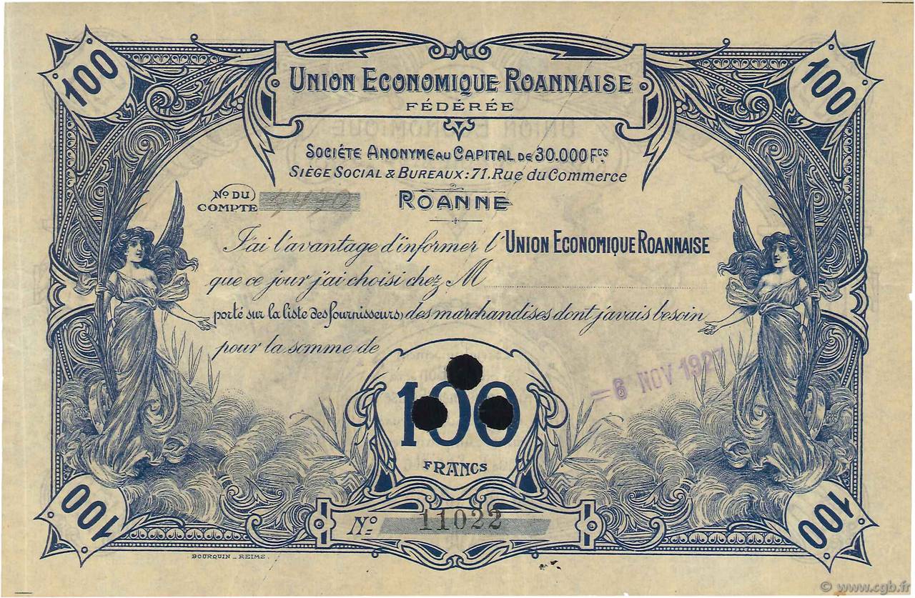 100 Francs Annulé FRANCE régionalisme et divers Roanne 1923  TTB+