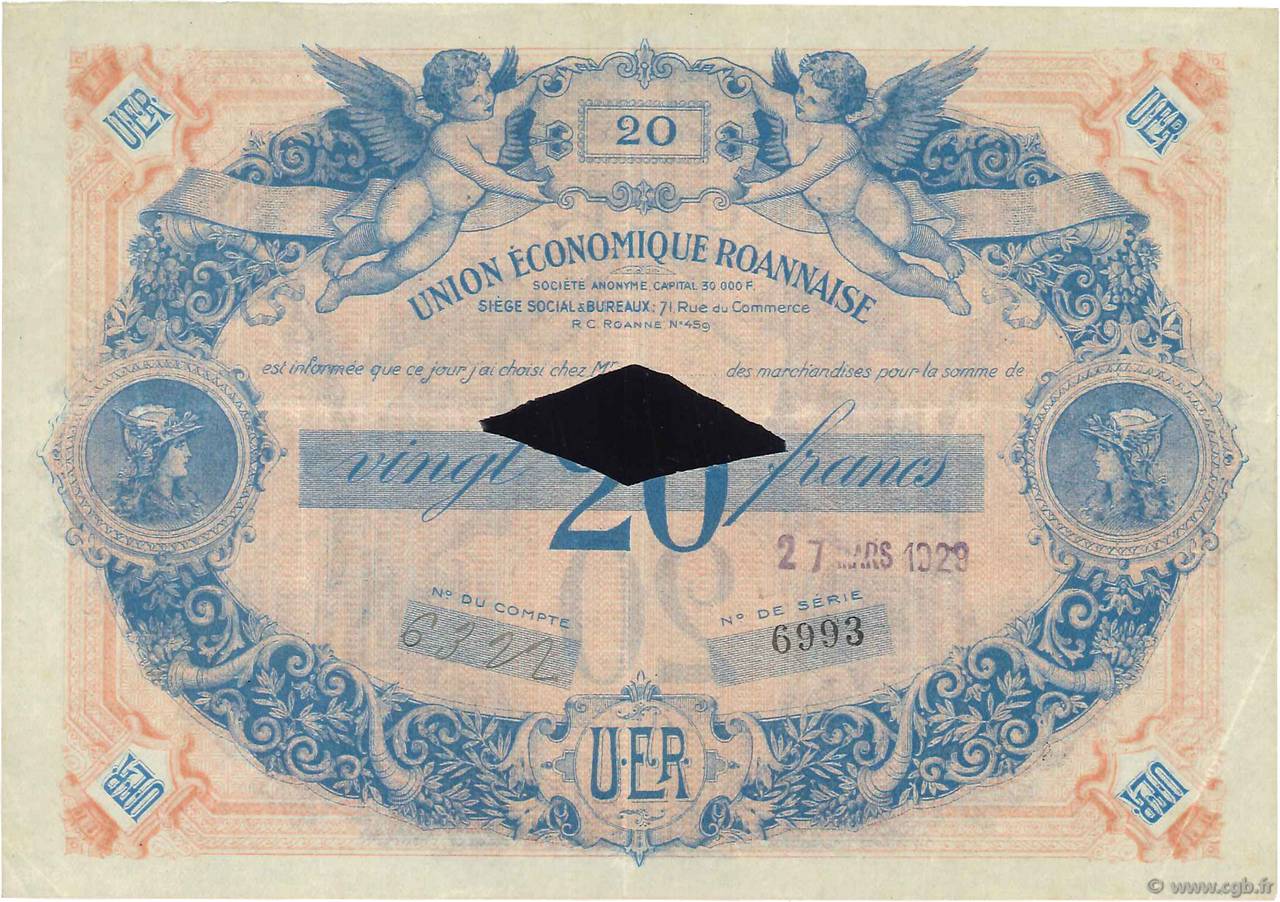 20 Francs Annulé FRANCE regionalismo y varios Roanne 1929  MBC+