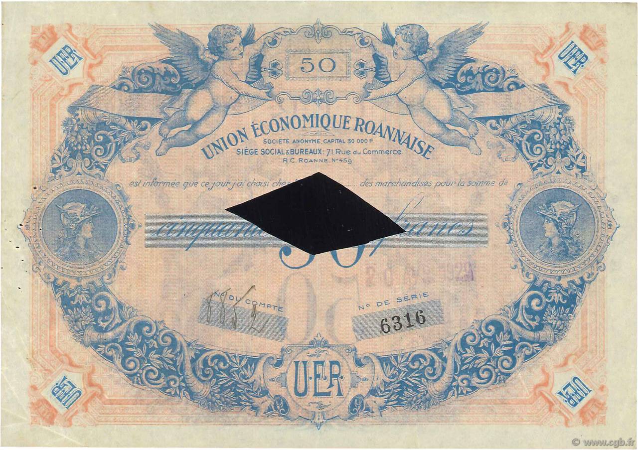 50 Francs Annulé FRANCE regionalism and various Roanne 1929  VF