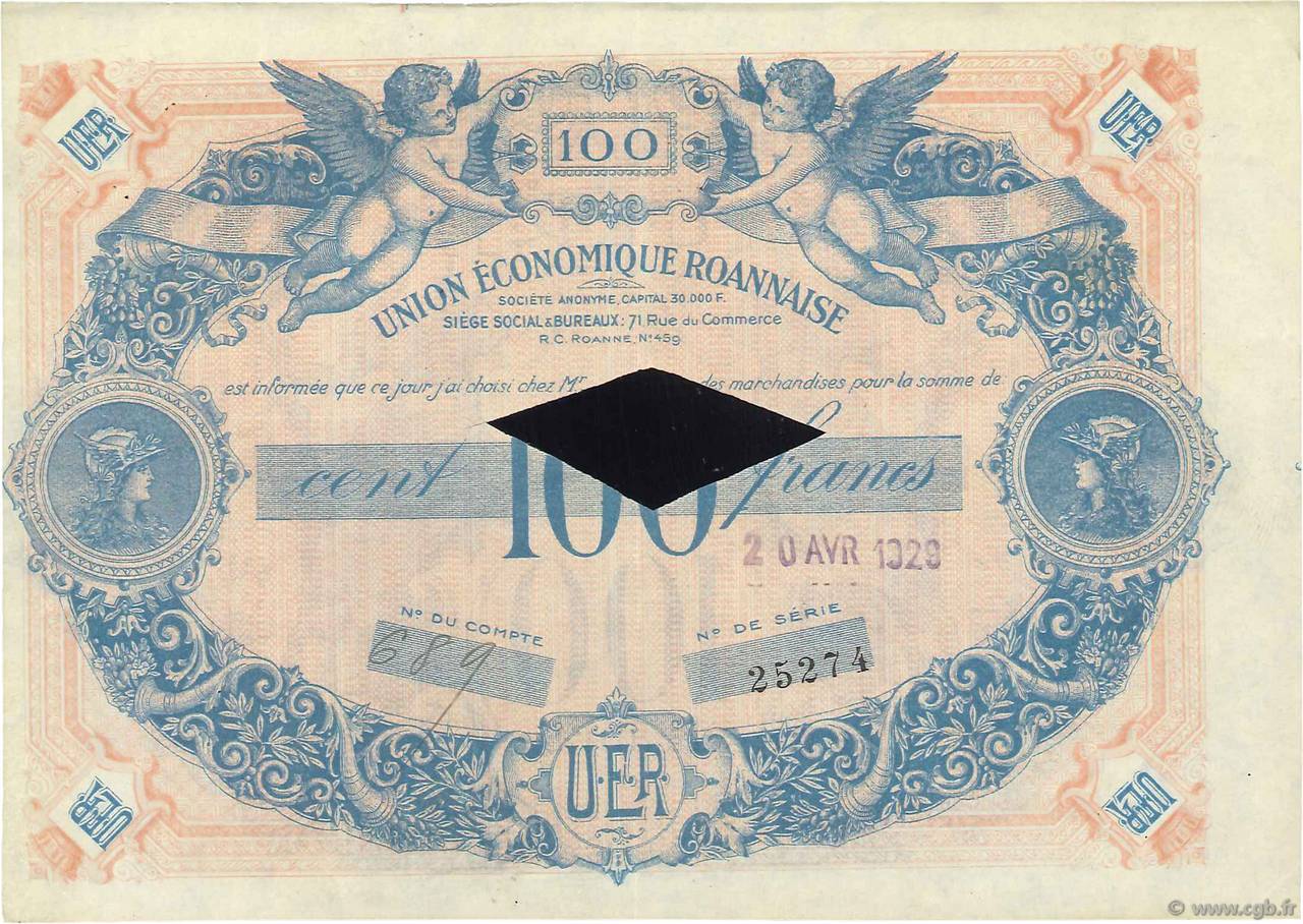 100 Francs Annulé FRANCE Regionalismus und verschiedenen Roanne 1929  VZ