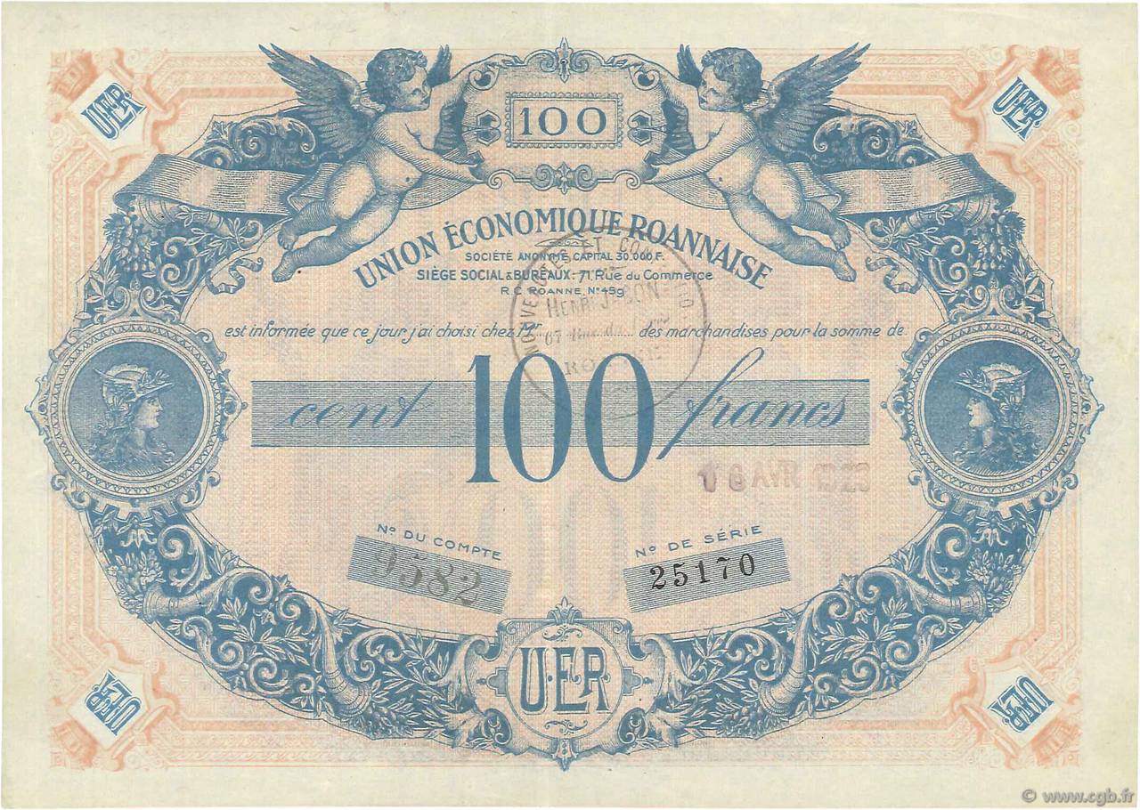 100 Francs FRANCE regionalismo y varios Roanne 1935  EBC