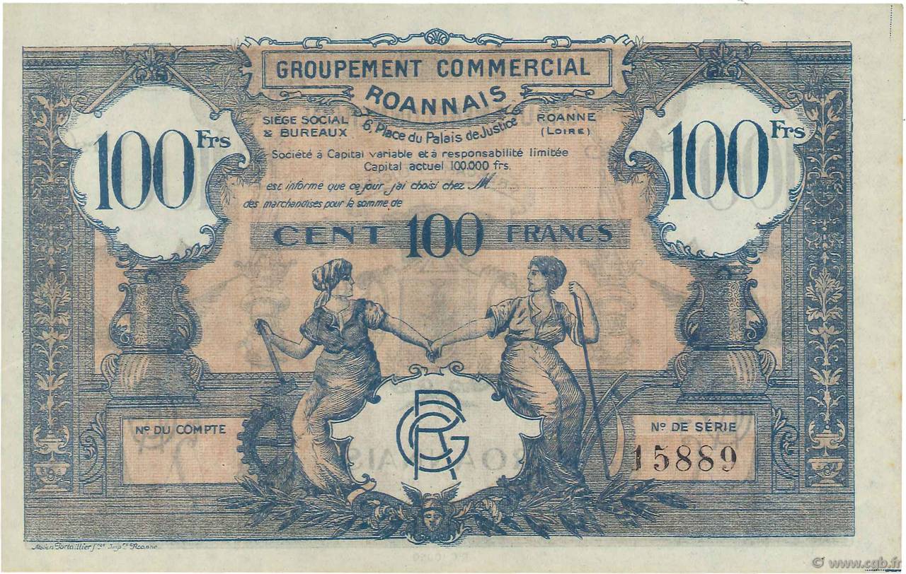 100 Francs FRANCE regionalism and various Roanne 1945 JP.- XF