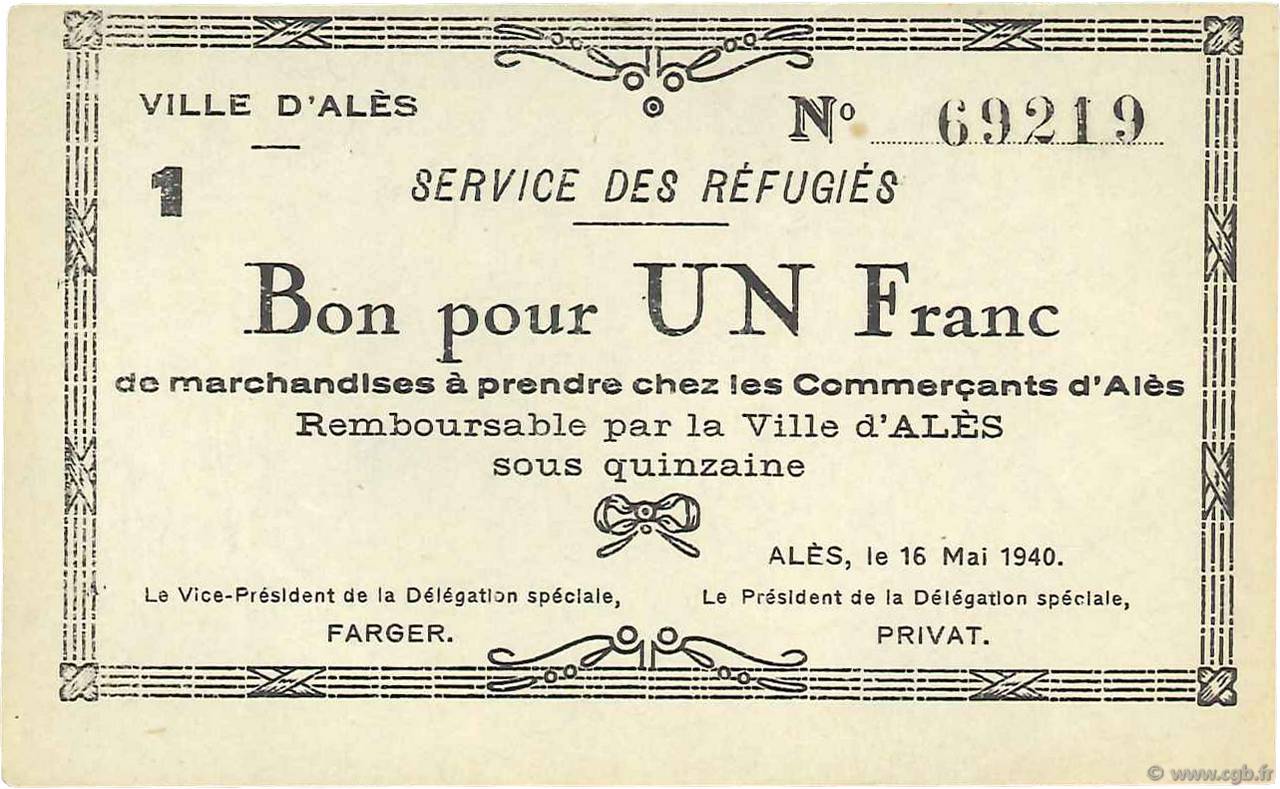 1 Franc FRANCE regionalismo e varie Alès 1940 K.001b SPL+
