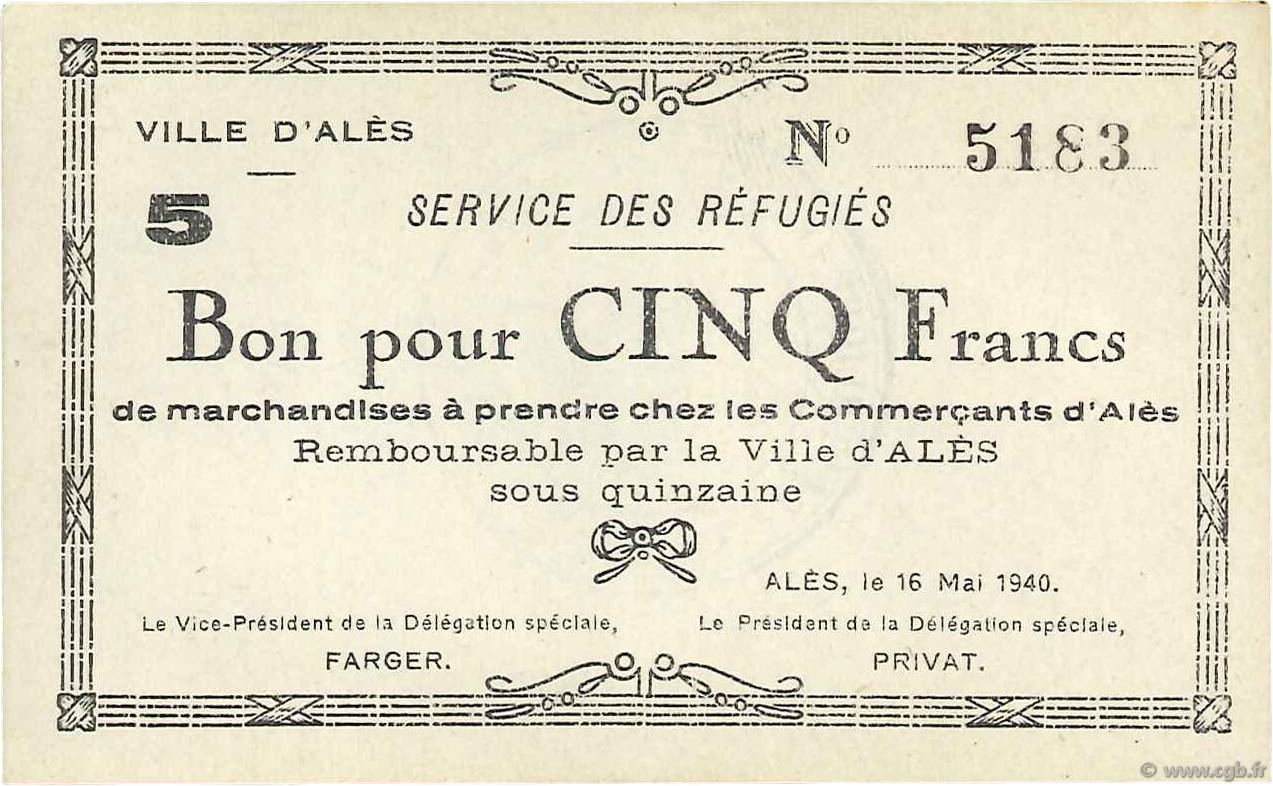 5 Francs FRANCE régionalisme et divers Alès 1940 K.003b SPL