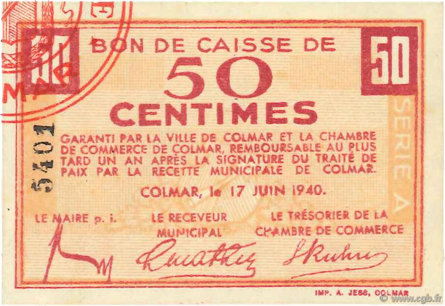 50 Centimes FRANCE regionalism and various Colmar 1940 K.012 UNC-