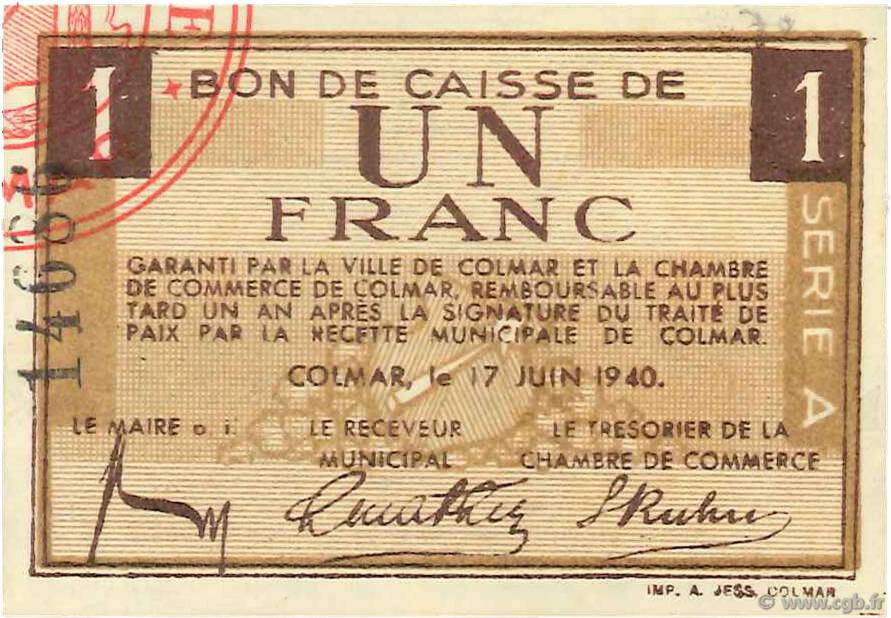 1 Franc FRANCE regionalismo y varios Colmar 1940 K.013 FDC