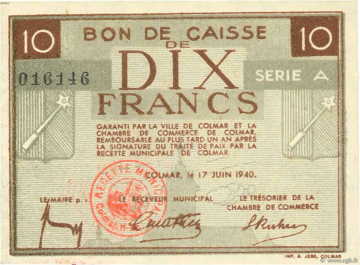 10 Francs FRANCE regionalism and various Colmar 1940 K.015 UNC-