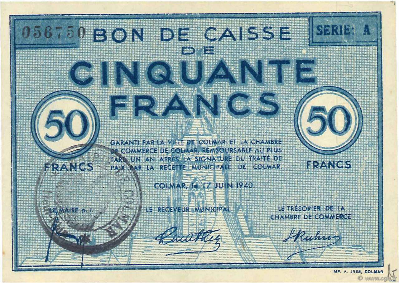50 Francs FRANCE Regionalismus und verschiedenen Colmar 1940 K.016 fST+