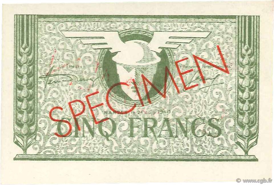 5 Francs Spécimen FRANCE Regionalismus und verschiedenen Nantes 1940 K.081-SP1 fST+