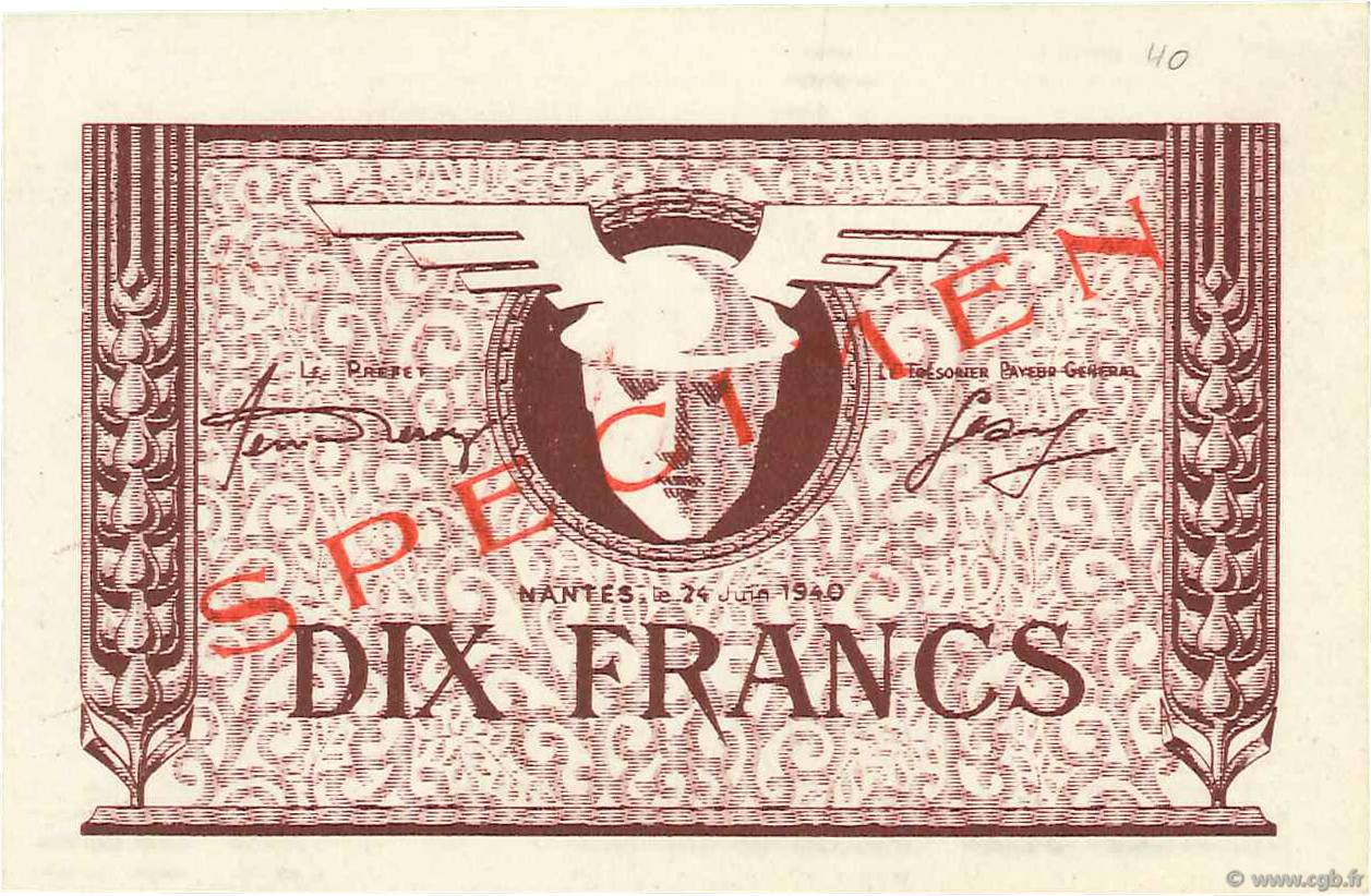 10 Francs Spécimen FRANCE Regionalismus und verschiedenen Nantes 1940 K.082s fST+
