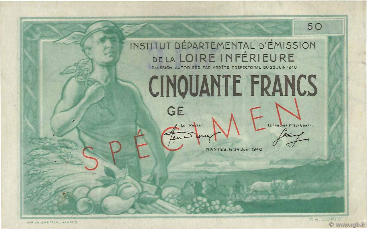 50 Francs Spécimen FRANCE Regionalismus und verschiedenen Nantes 1940 K.084-SP1 VZ