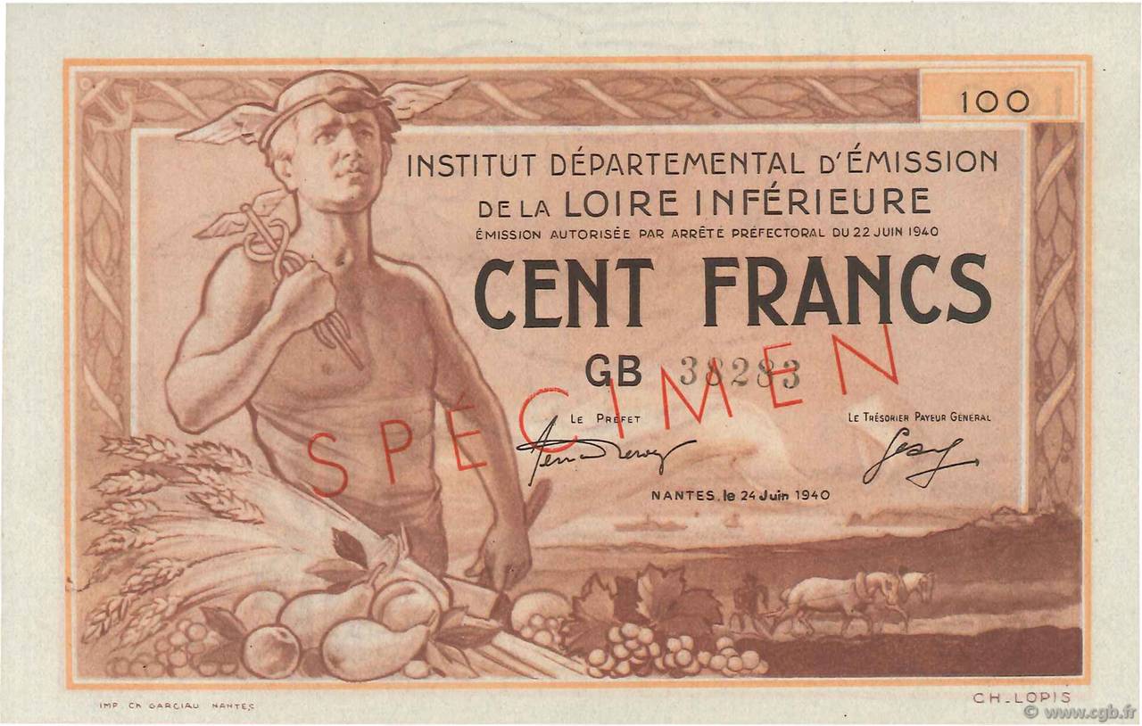 100 Francs Spécimen FRANCE regionalismo y varios Nantes 1940 K.085-SP1 SC