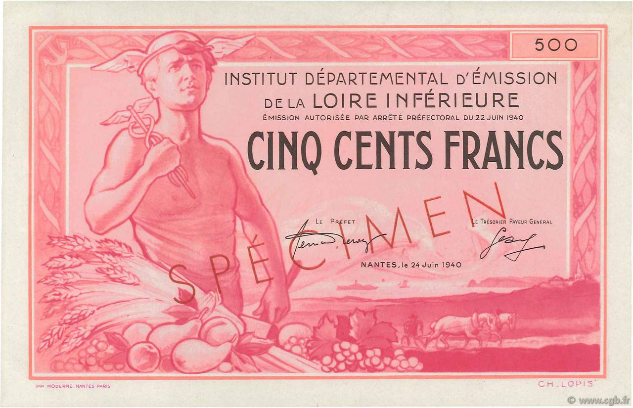 500 Francs Spécimen FRANCE Regionalismus und verschiedenen Nantes 1940 K.086-SP1 fST+