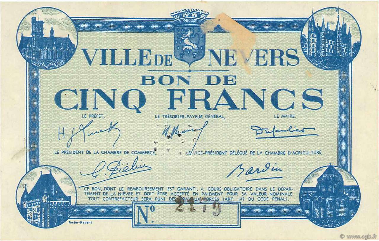 5 Francs FRANCE Regionalismus und verschiedenen Nevers 1940 K.088 VZ